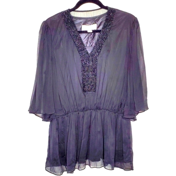 Badgley Mischka Beaded Sheer Top Size L American Glamour Flowy Tunic Dark Fairy - Picture 13 of 14